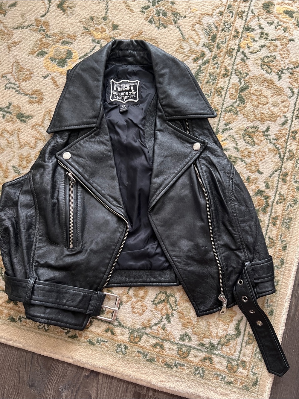 Vintage Black Leather and neoprene Biker Jacket vest medium